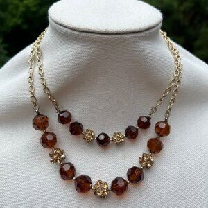SWAROVSKI CRYSTAL 2-Strand Gold Amber Faceted Rhinestone Crystal Beaded NECKLACE